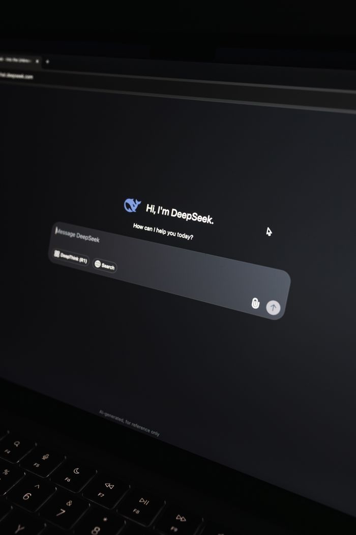 about-us Close-up of an AI chat interface on a laptop screen in a dark setting.